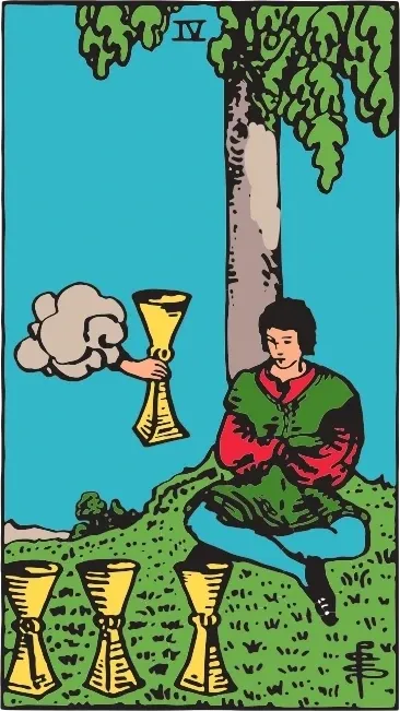 Карта Таро Четвірка Кубків (Four of Cups), колода Райдера-Уейта