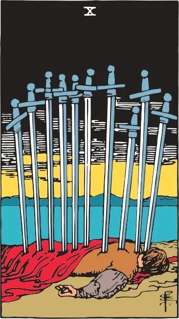 Карта Таро Десятка Мечів (Ten of Swords), колода Райдера-Уейта