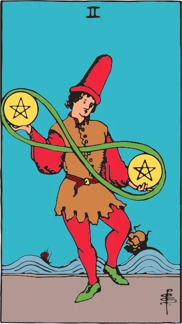 Карта Таро Двійка Пентаклів (Two of Pentacles), колода Райдера-Уейта