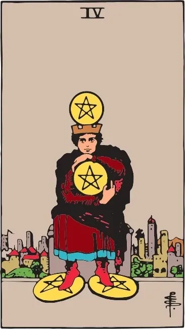 Карта Таро Четвірка Пентаклів (Four of Pentacles), колода Райдера-Уейта
