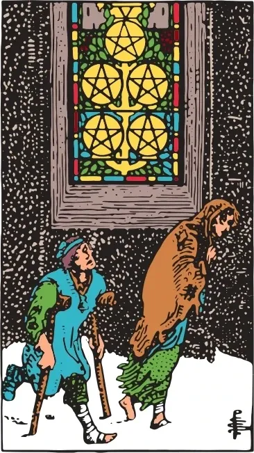 Карта Таро П'ятірка Пентаклів (Five of Pentacles), колода Райдера-Уейта