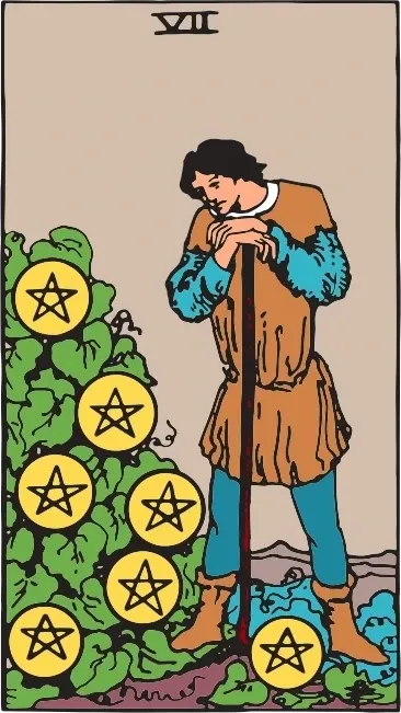 Карта Таро Семёрка Пентаклей (Seven of Pentacles), колода Райдера-Уэйта