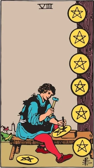 Карта Таро Вісімка Пентаклів (Eight of Pentacles), колода Райдера-Уейта