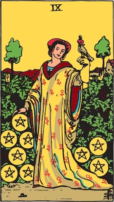 Карта Таро Дев'ятка Пентаклів (Nine of Pentacles), колода Райдера-Уейта