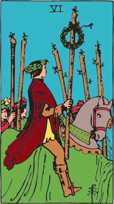 Карта Таро Шестёрка Жезлов (Six of Wands), колода Райдера-Уэйта