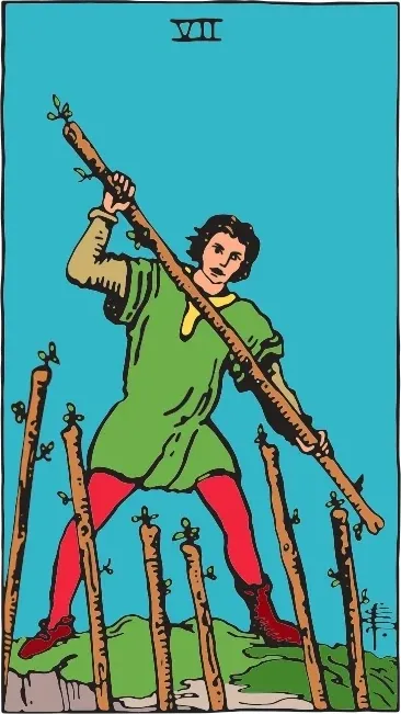 Карта Таро Сімка Жезлів (Seven of Wands), колода Райдера-Уейта