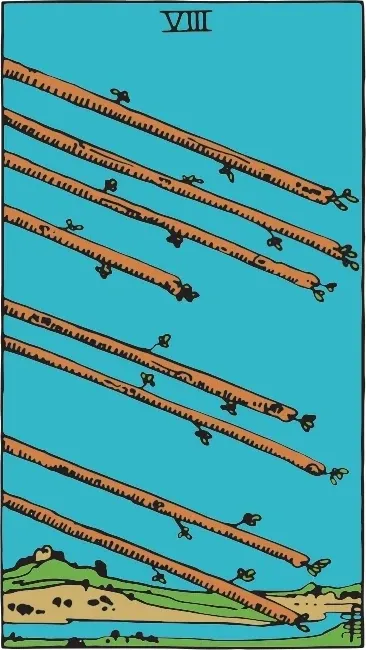 Карта Таро Вісімка Жезлів (Eight of Wands), колода Райдера-Уейта