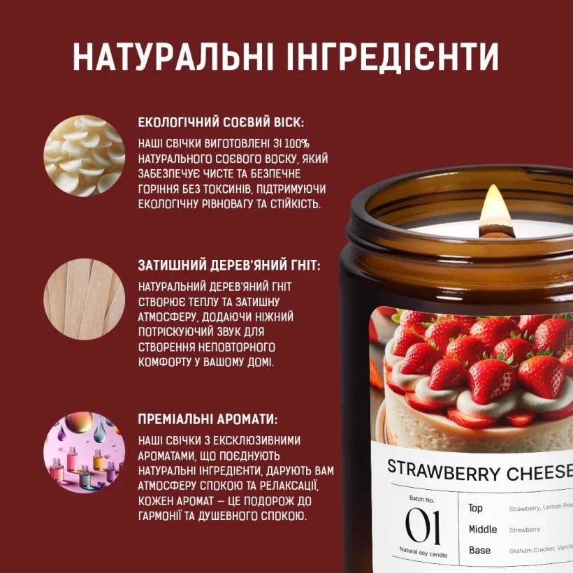 Аромасвічка Полуничний чізкейк — запалена свічка з полум'ям