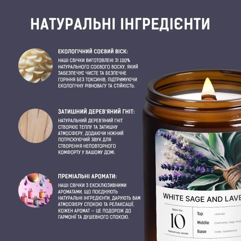 Аромасвічка Біла шавлія та лаванда — свічка у запаленому стані
