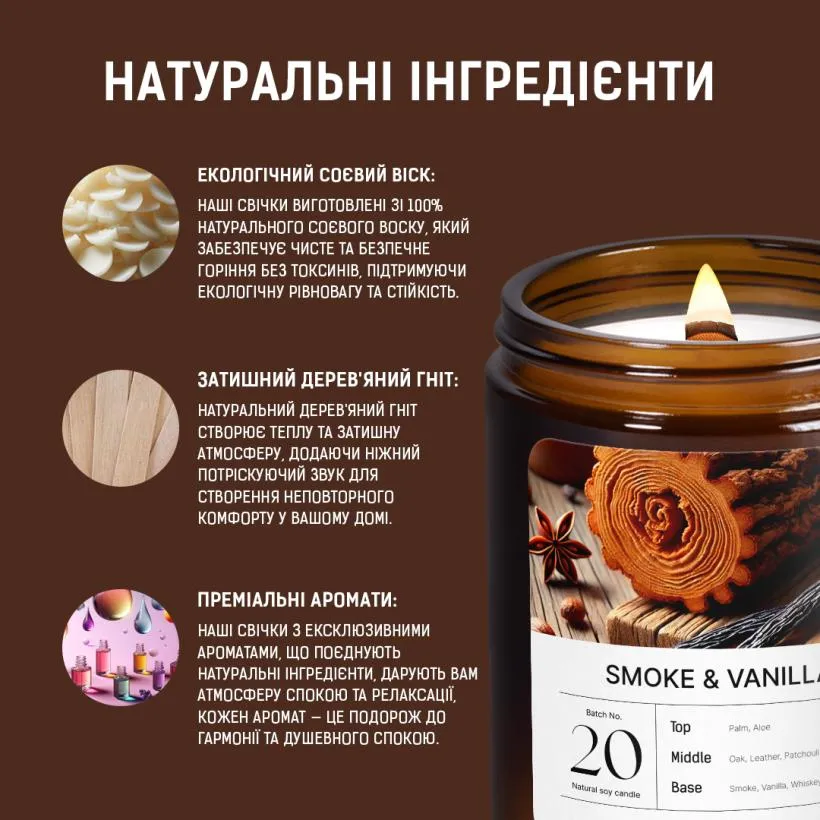 Аромасвічка Дим і ваніль — запалена свічка