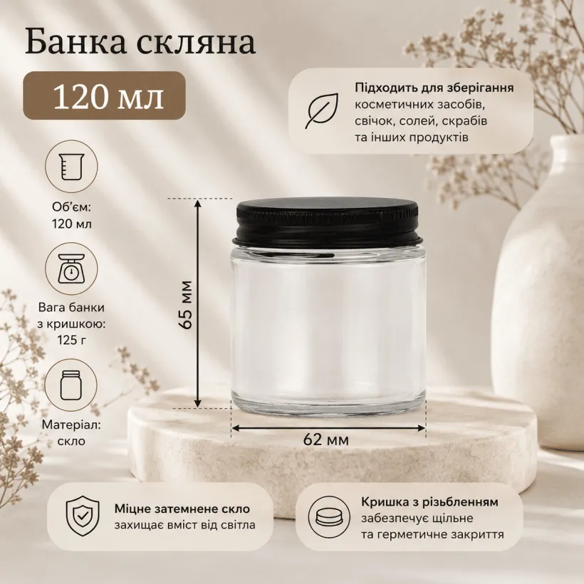 Банка прозора 120 мл з чорною металевою кришкою — головне фото